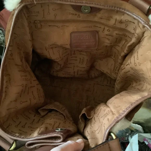 Fossil. Authentic Suede Tote Bag w/Faux Fur Trim - Picture 10 of 14
